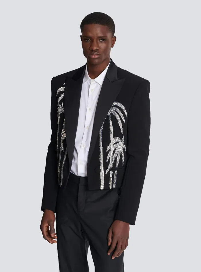Cropped Crepe Jacket With Palm Tree Embroidery Black Men Balmain Jackets And Blazers