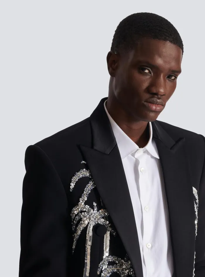 Cropped Crepe Jacket With Palm Tree Embroidery Black Men Balmain Jackets And Blazers