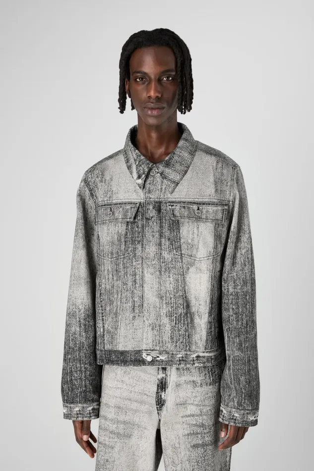 Denim Men Camper Denim Faded Black Paint Print Denim Jacket