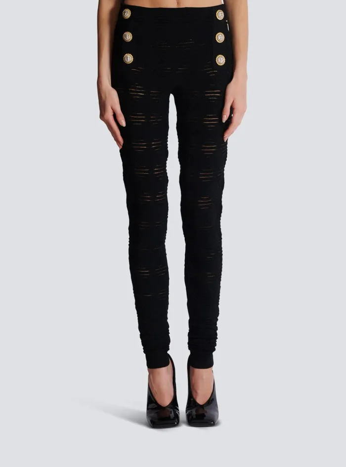 Diamond Knit Leggings With 6 Buttons Black Women Balmain Trousers And Shorts