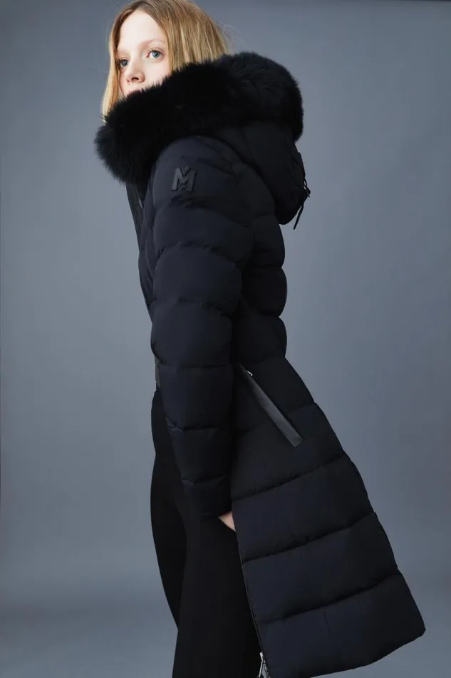 Downs and Jackets Women Mackage CALLA Agile360 Stretch Light Down Coat With Blue Fox Fur Collar Black