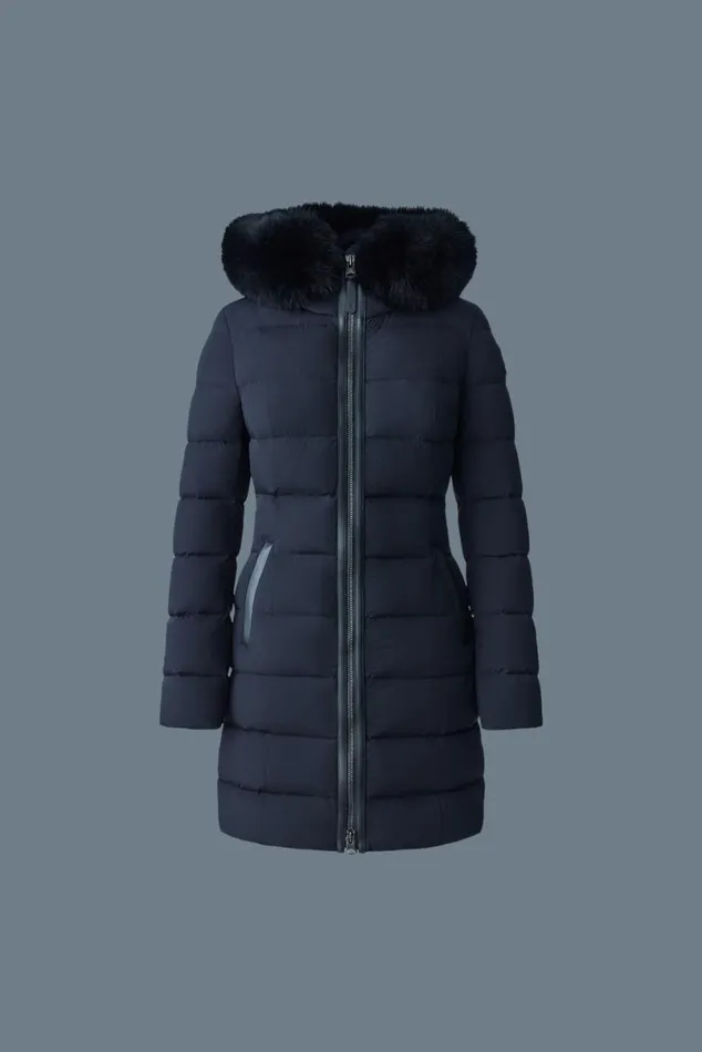 Downs and Jackets Women Mackage CALLA Agile360 Stretch Light Down Coat With Blue Fox Fur Collar Black