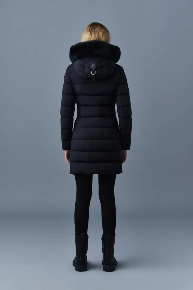 Downs and Jackets Women Mackage CALLA Agile360 Stretch Light Down Coat With Blue Fox Fur Collar Black