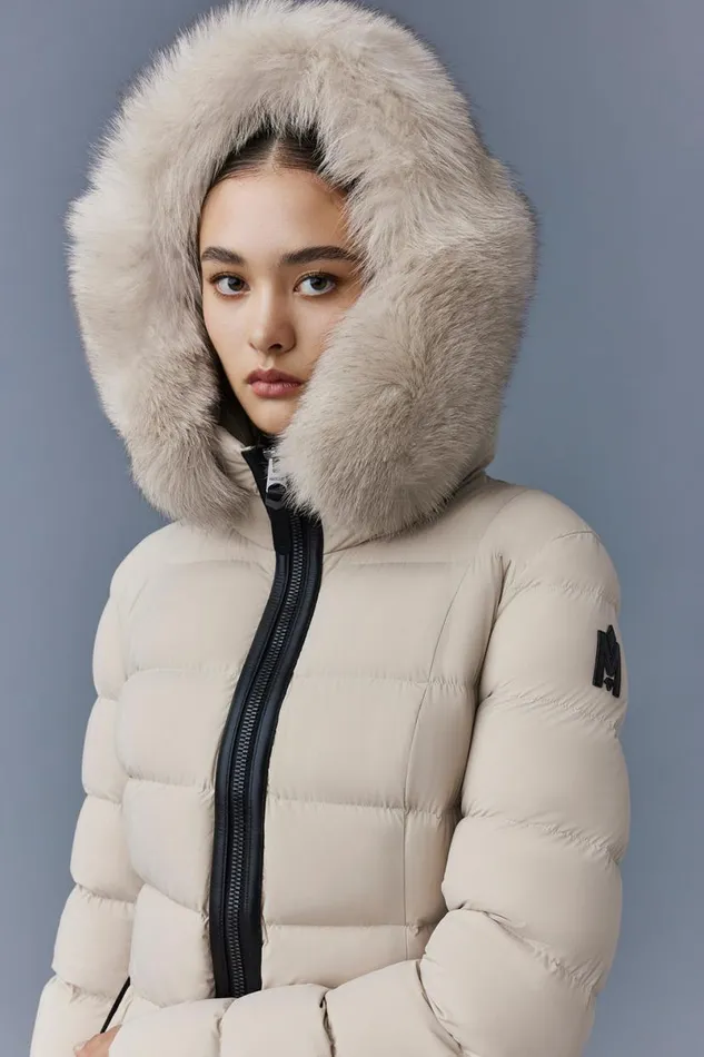 Downs and Jackets Women Mackage CALLA Agile360 Stretch Light Down Coat With Blue Fox Fur Collar Black