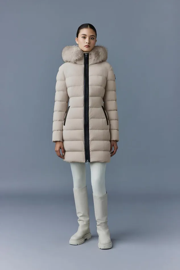 Downs and Jackets Women Mackage CALLA Agile360 Stretch Light Down Coat With Blue Fox Fur Collar Black