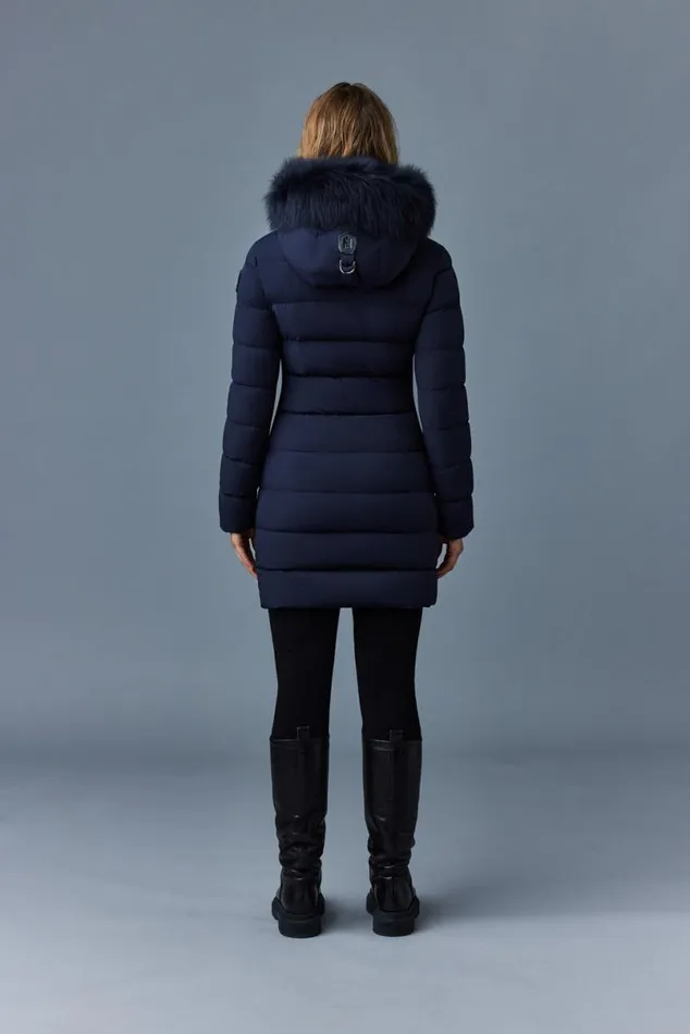Downs and Jackets Women Mackage CALLA Agile360 Stretch Light Down Coat With Blue Fox Fur Collar Black