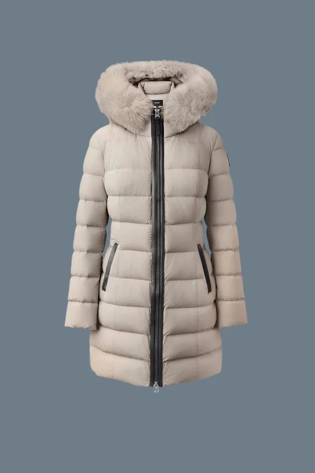 Downs and Jackets Women Mackage CALLA Agile360 Stretch Light Down Coat With Blue Fox Fur Collar Black