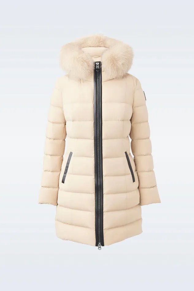 Downs and Jackets Women Mackage CALLA Agile360 Stretch Light Down Coat With Blue Fox Fur Collar Black