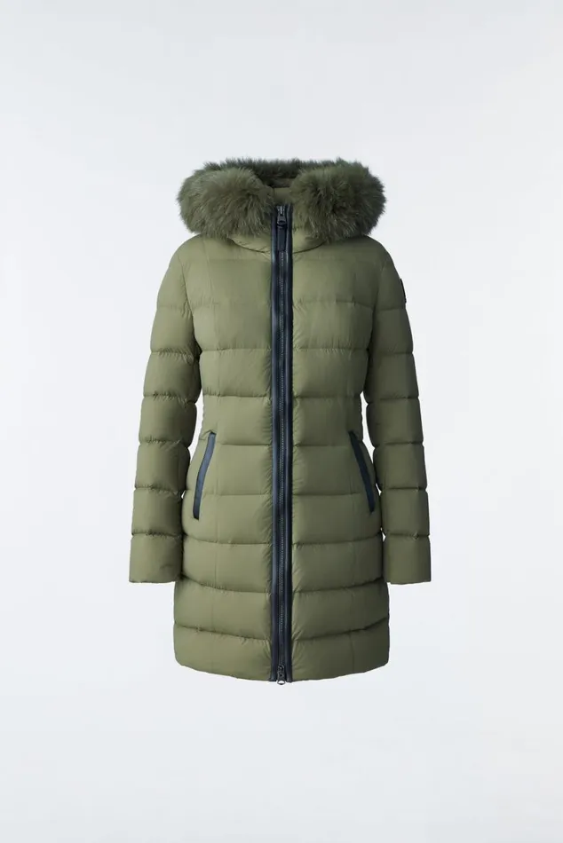 Downs and Jackets Women Mackage CALLA Agile360 Stretch Light Down Coat With Blue Fox Fur Collar Black