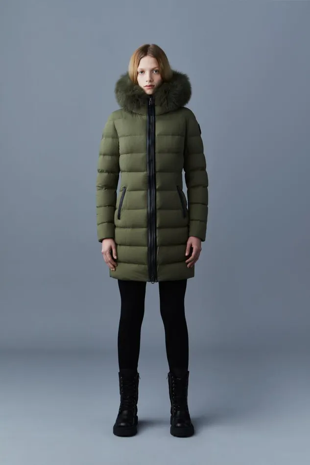 Downs and Jackets Women Mackage CALLA Agile360 Stretch Light Down Coat With Blue Fox Fur Collar Black