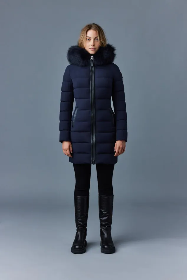 Downs and Jackets Women Mackage CALLA Agile360 Stretch Light Down Coat With Blue Fox Fur Collar Black