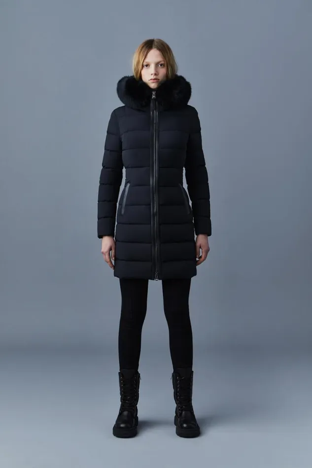 Downs and Jackets Women Mackage CALLA Agile360 Stretch Light Down Coat With Blue Fox Fur Collar Black