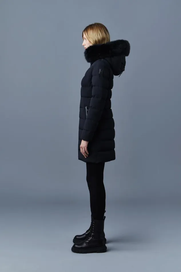 Downs and Jackets Women Mackage CALLA Agile360 Stretch Light Down Coat With Blue Fox Fur Collar Black
