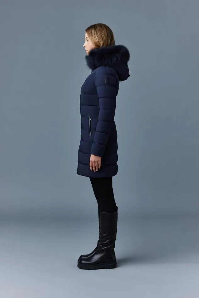 Downs and Jackets Women Mackage CALLA Agile360 Stretch Light Down Coat With Blue Fox Fur Collar Black