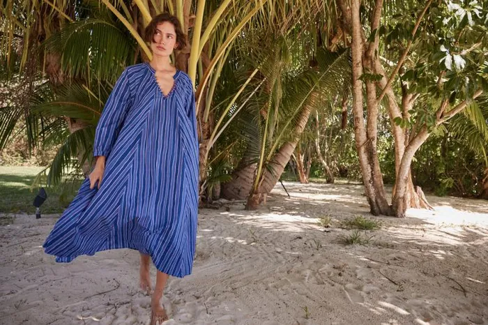 Dresses Shop Natalie Martin FIORE MAXI Batik Stripe Navy