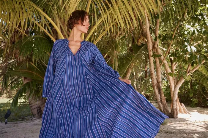 Dresses Shop Natalie Martin FIORE MAXI Batik Stripe Navy