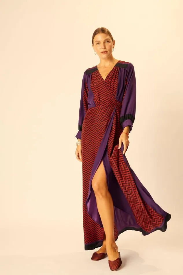 Dresses Shop Natalie Martin KATE LONG SLEEVE MAXI Block Zigzag Aubergine