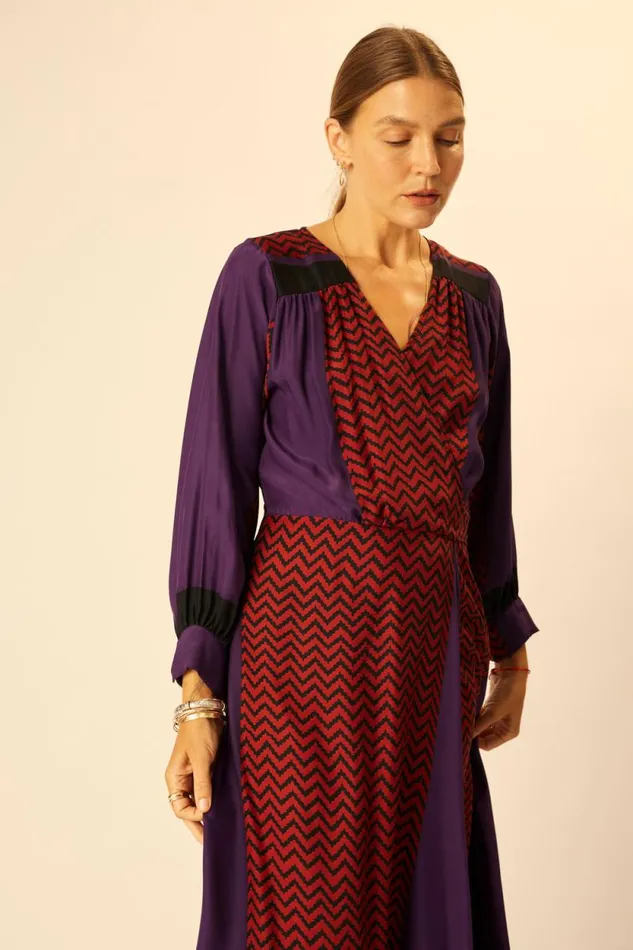 Dresses Shop Natalie Martin KATE LONG SLEEVE MAXI Block Zigzag Aubergine
