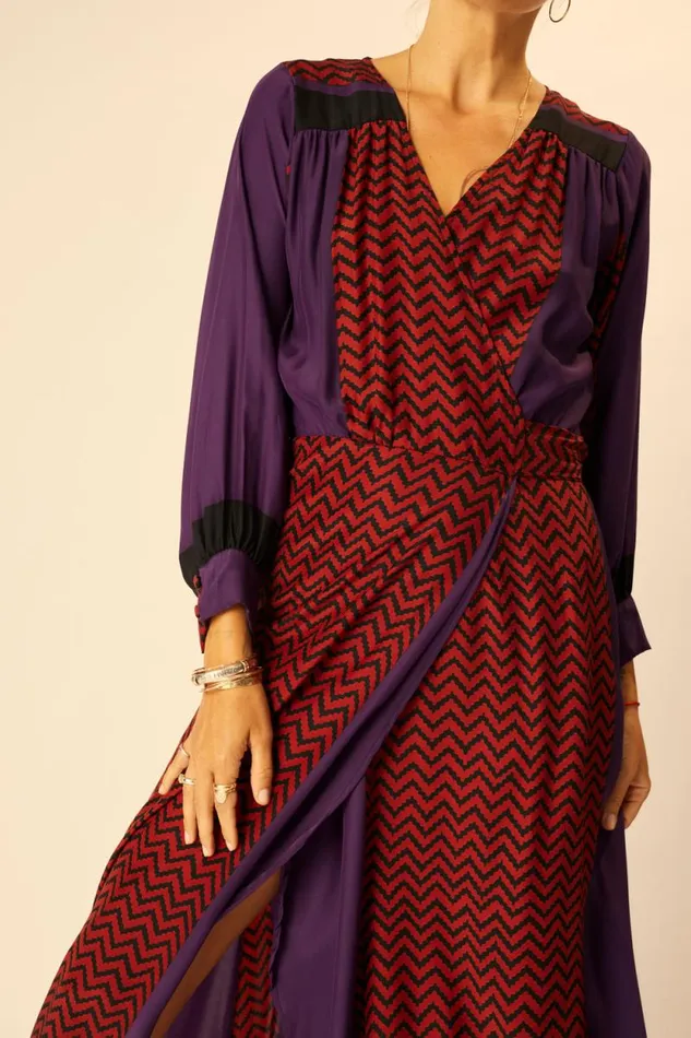 Dresses Shop Natalie Martin KATE LONG SLEEVE MAXI Block Zigzag Aubergine