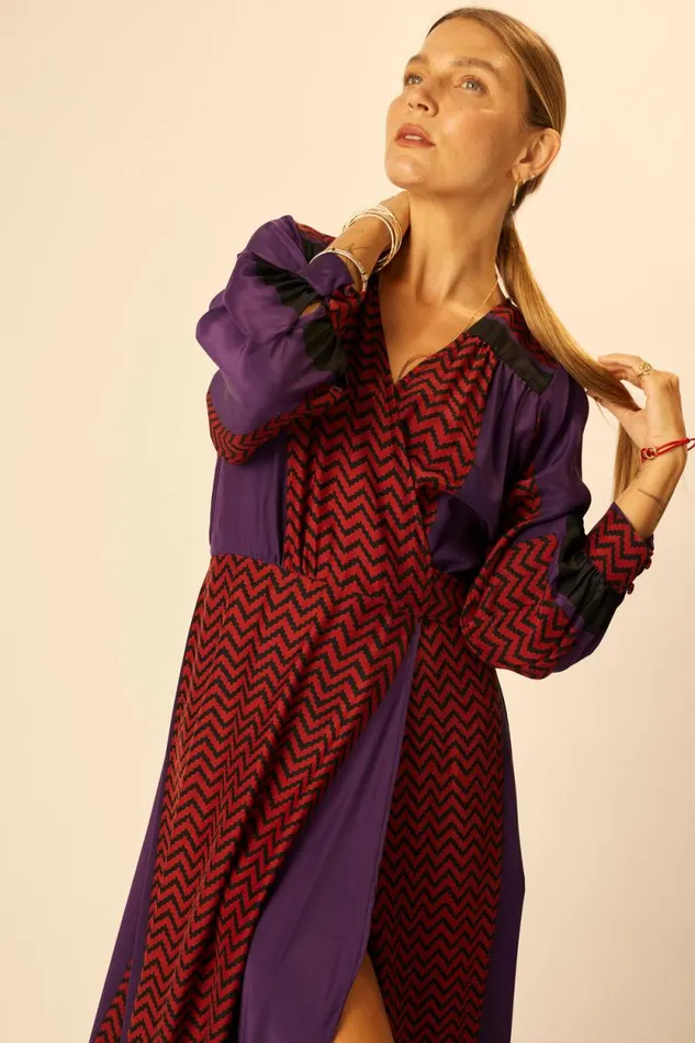 Dresses Shop Natalie Martin KATE LONG SLEEVE MAXI Block Zigzag Aubergine