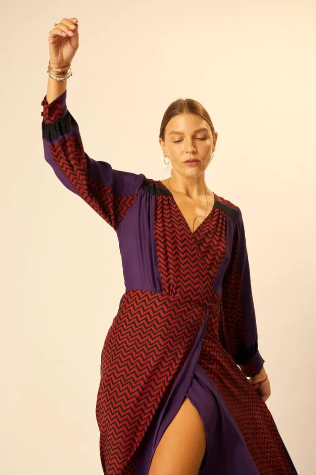 Dresses Shop Natalie Martin KATE LONG SLEEVE MAXI Block Zigzag Aubergine