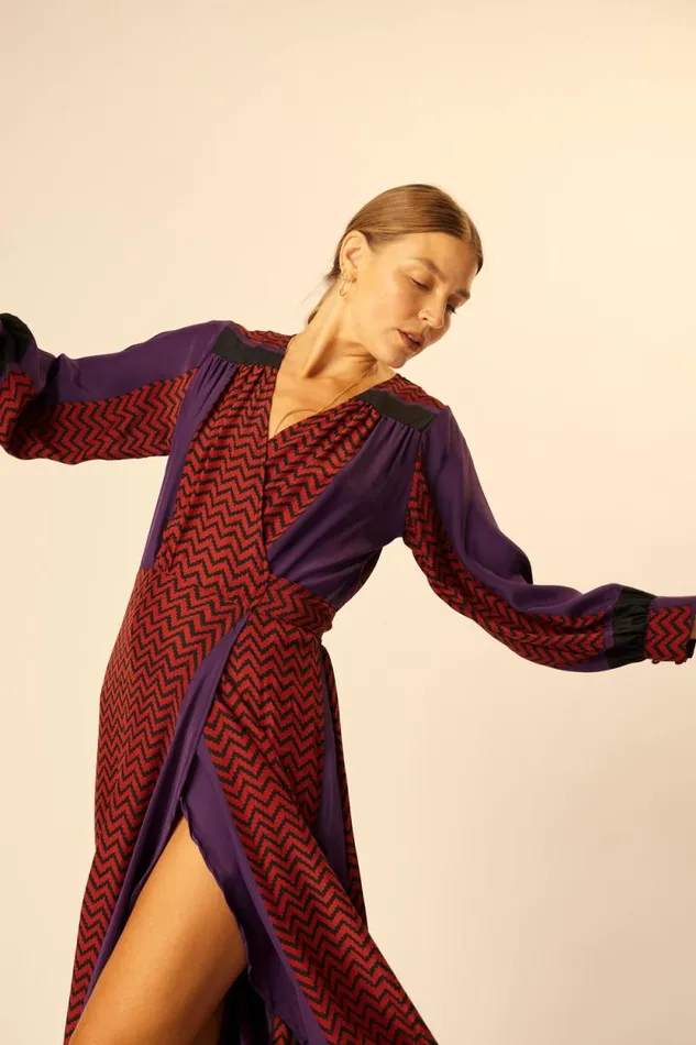 Dresses Shop Natalie Martin KATE LONG SLEEVE MAXI Block Zigzag Aubergine