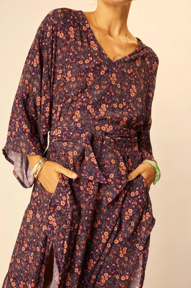 Dresses Shop Natalie Martin MARIN DRESS WITH SASH Petite Fleur Aubergine