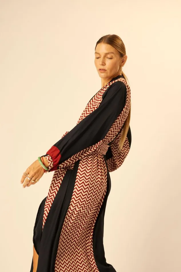 Dresses Shop Natalie Martin NICO LS MAXI WITH SASH Block Zigzag Noire