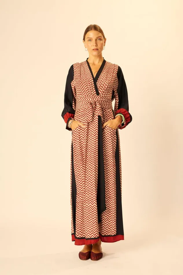 Dresses Shop Natalie Martin NICO LS MAXI WITH SASH Block Zigzag Noire