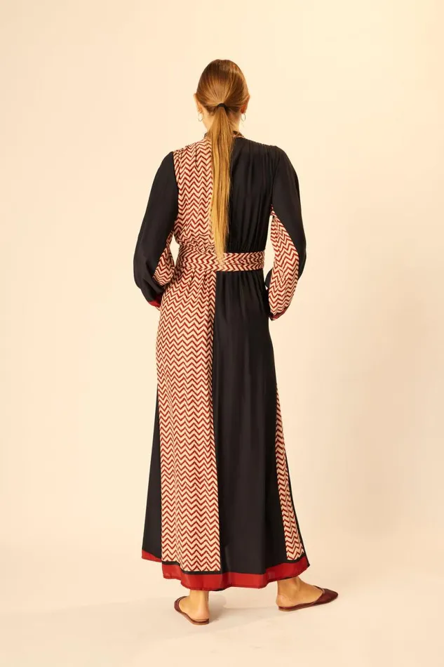 Dresses Shop Natalie Martin NICO LS MAXI WITH SASH Block Zigzag Noire