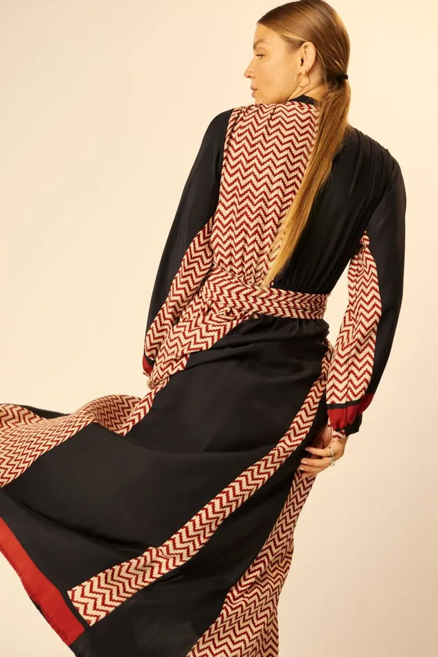 Dresses Shop Natalie Martin NICO LS MAXI WITH SASH Block Zigzag Noire