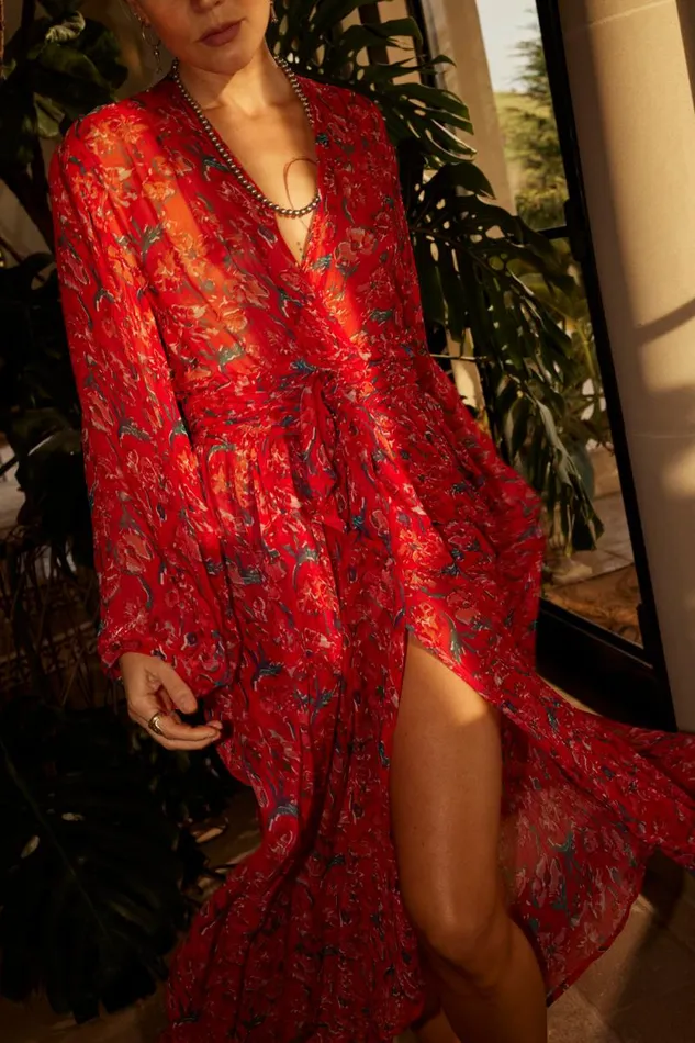 Dresses Shop Natalie Martin NICO LS MAXI WITH SASH Silk Watercolor Onyx