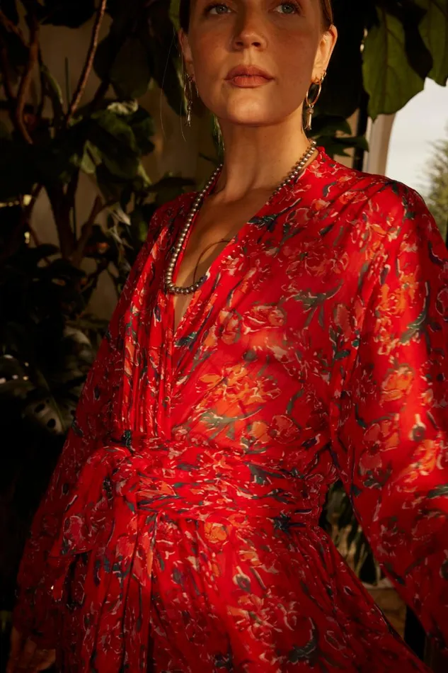 Dresses Shop Natalie Martin NICO LS MAXI WITH SASH Silk Watercolor Onyx