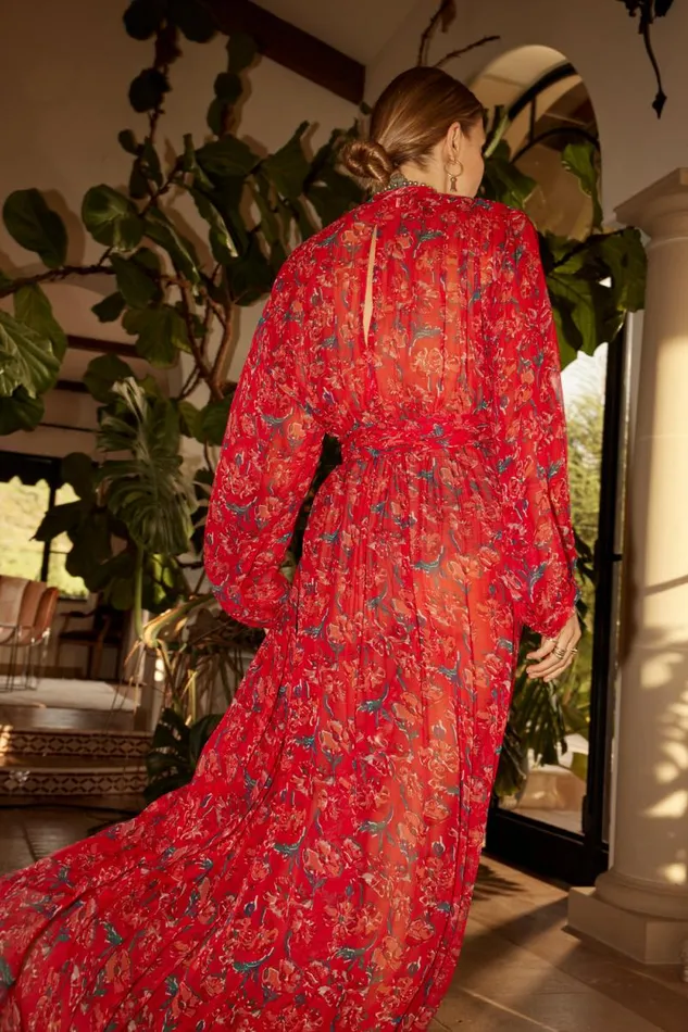 Dresses Shop Natalie Martin NICO LS MAXI WITH SASH Silk Watercolor Onyx