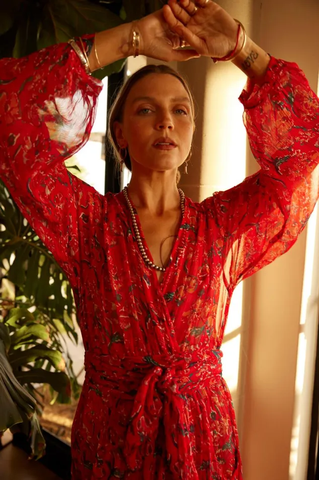 Dresses Shop Natalie Martin NICO LS MAXI WITH SASH Silk Watercolor Onyx