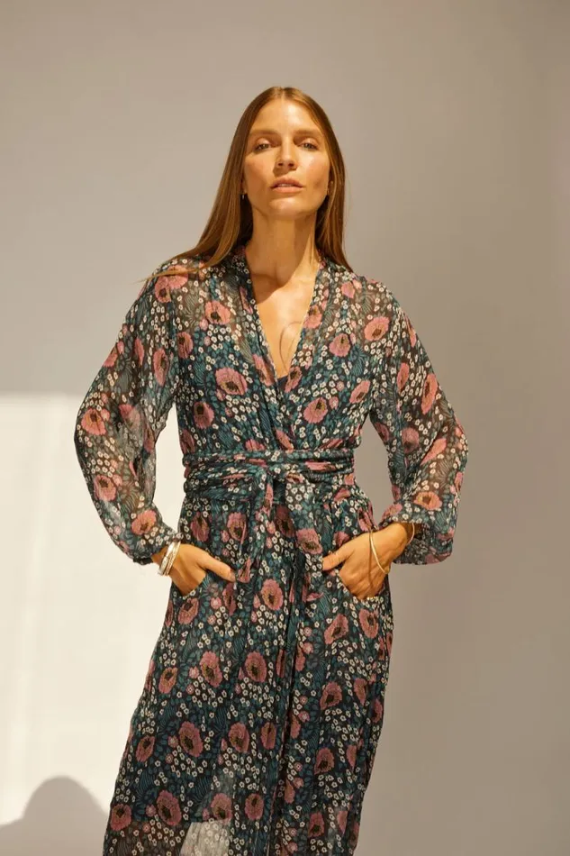 Dresses Shop Natalie Martin NICO LS MAXI WITH SASH Vintage Flowers Indigo
