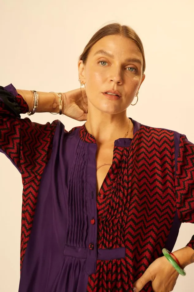 Dresses Shop Natalie Martin SAMMIE SHORT DRESS Block Zigzag Aubergine
