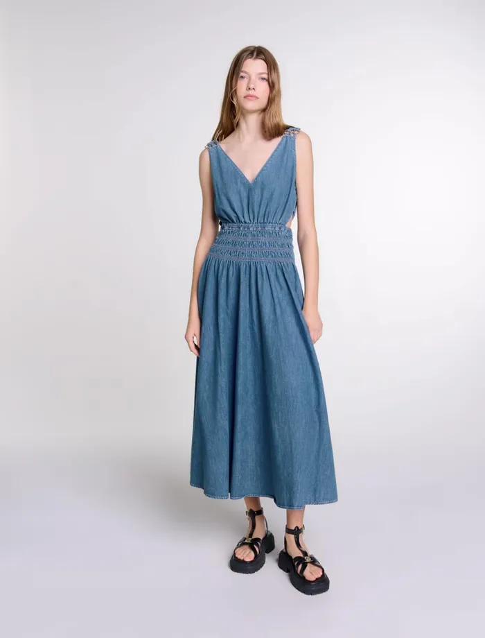 Dresses Women Maje Cutaway Denim Maxi Dress Blue Denim