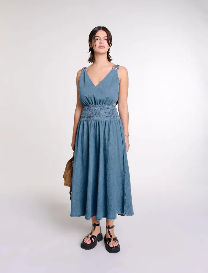 Dresses Women Maje Cutaway Denim Maxi Dress Blue Denim