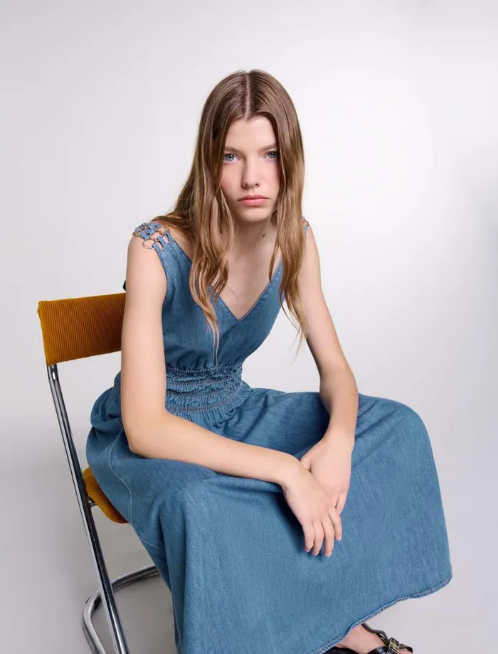 Dresses Women Maje Cutaway Denim Maxi Dress Blue Denim