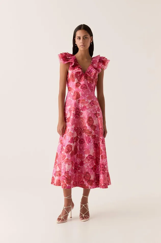 Enchanted Plunge Midi Dress Misty Rose Women Aje Wedding Guest Dresses