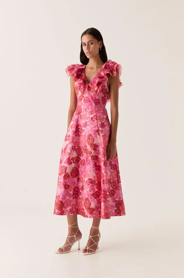 Enchanted Plunge Midi Dress Misty Rose Women Aje Wedding Guest Dresses