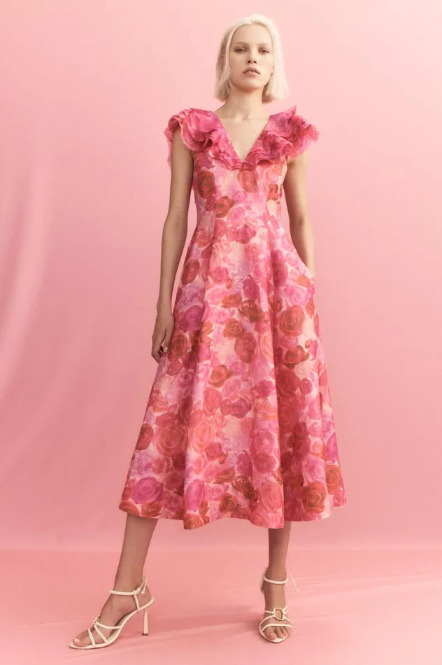 Enchanted Plunge Midi Dress Misty Rose Women Aje Wedding Guest Dresses