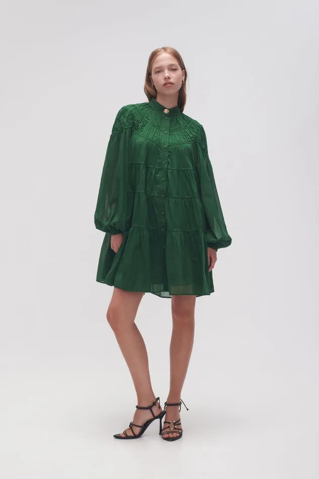 Erika Ruched Tier Mini Dress Forest Green Women Aje Mini Dresses