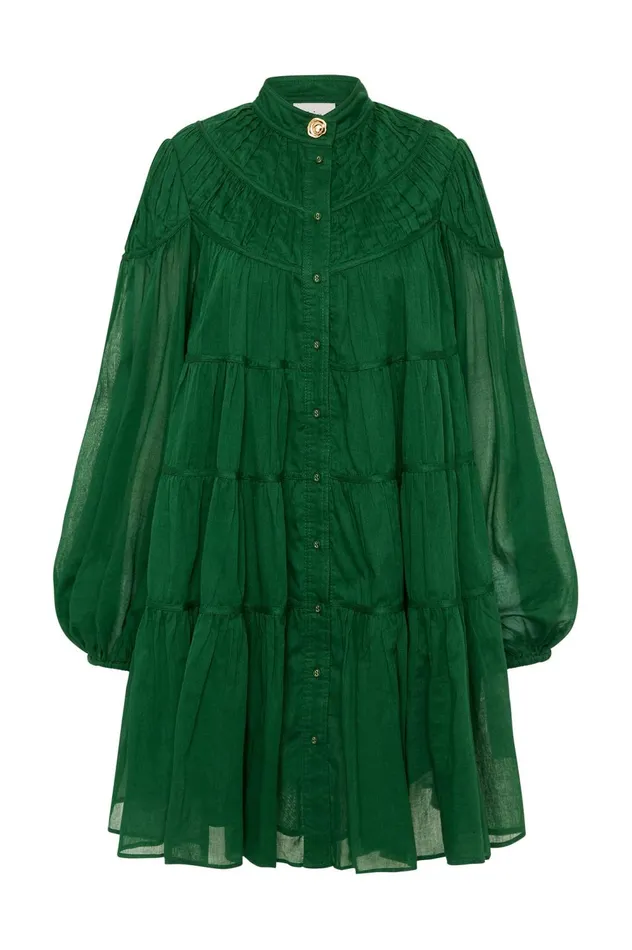 Erika Ruched Tier Mini Dress Forest Green Women Aje Mini Dresses
