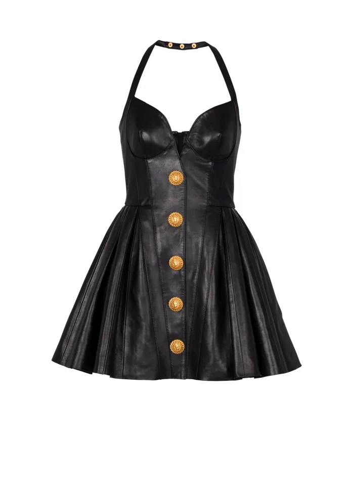 Flared Pleated Halterneck Dress In Leather Black Women Balmain Dresses