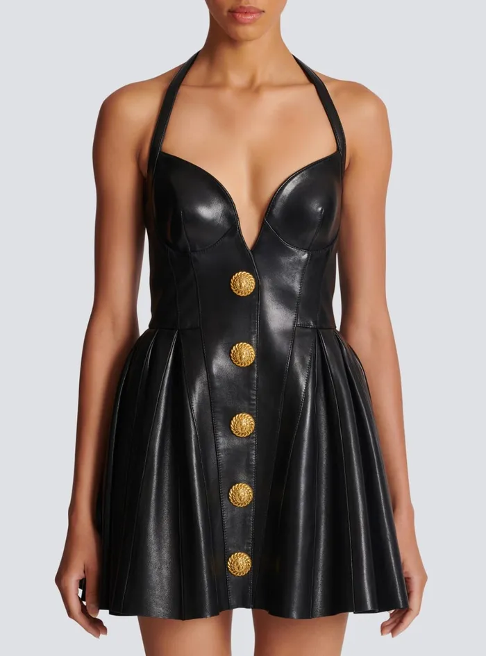 Flared Pleated Halterneck Dress In Leather Black Women Balmain Dresses