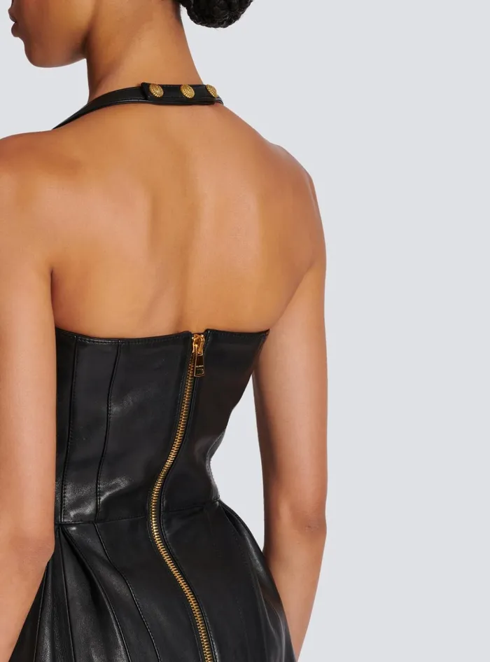 Flared Pleated Halterneck Dress In Leather Black Women Balmain Dresses