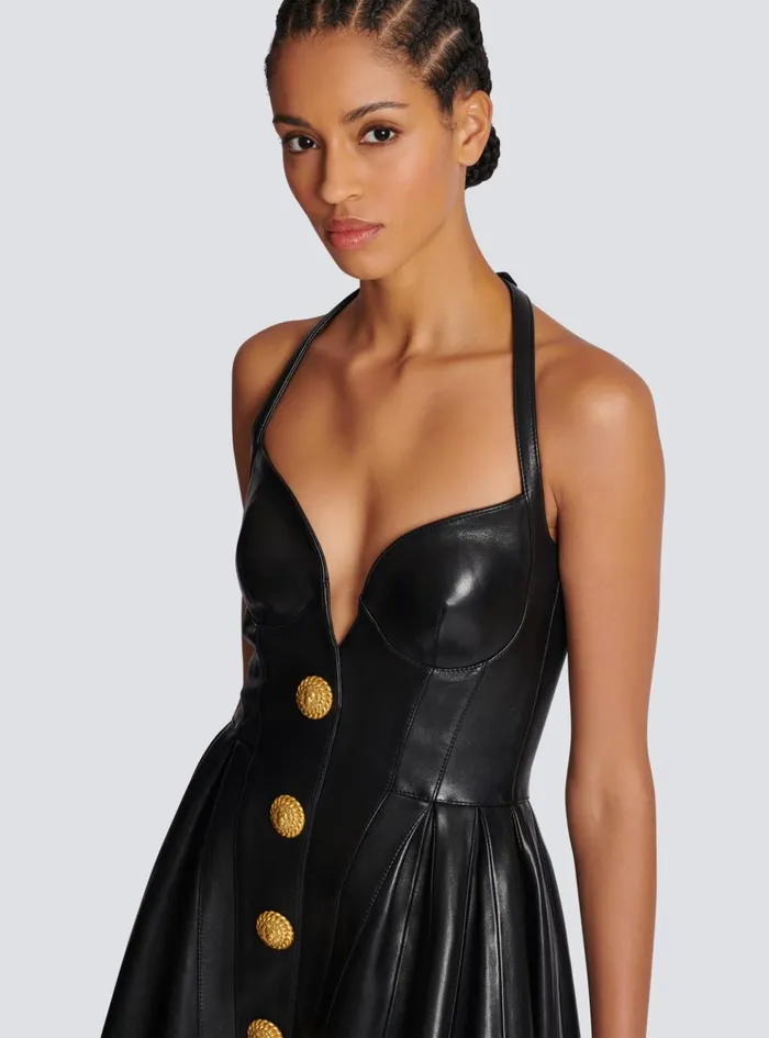 Flared Pleated Halterneck Dress In Leather Black Women Balmain Dresses