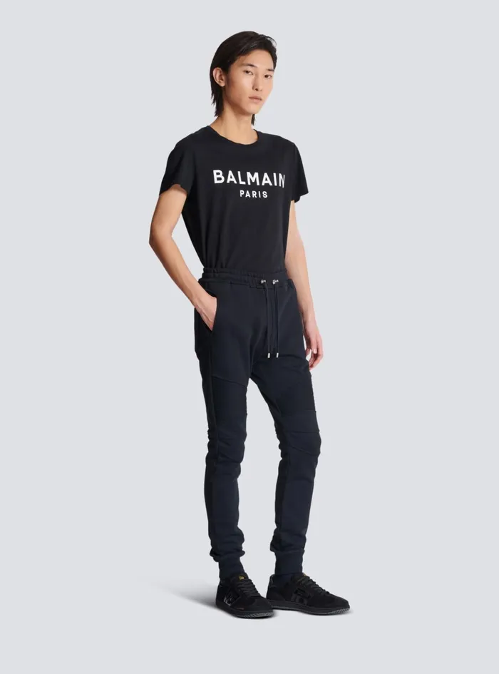 Flocked Paris Joggers Black Men Balmain Trousers And Shorts